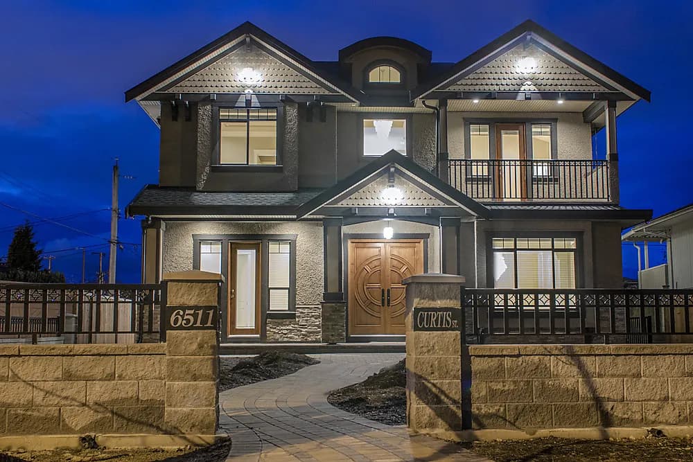 Burnaby custom modern home, twilight front exterior