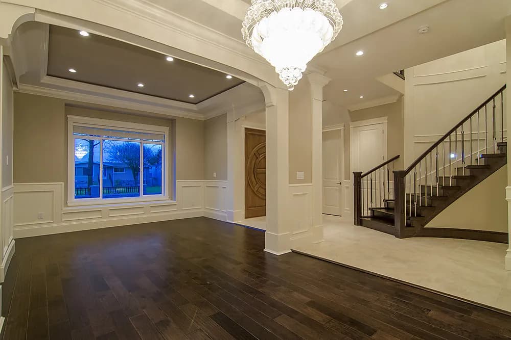 Burnaby custom modern home, twilight front exterior, view 3