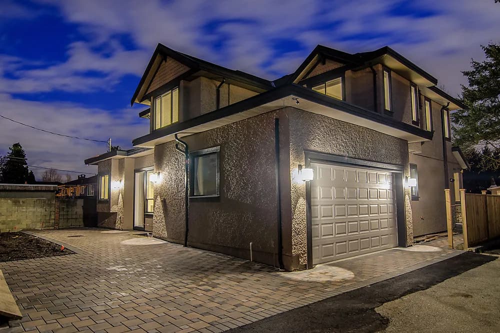 Burnaby custom modern home, twilight front exterior, view 5