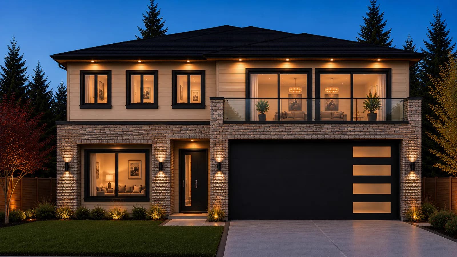 Burnaby Custom Family Home rendering at dusk, two storey home with stone base, lit windows, and black garage door