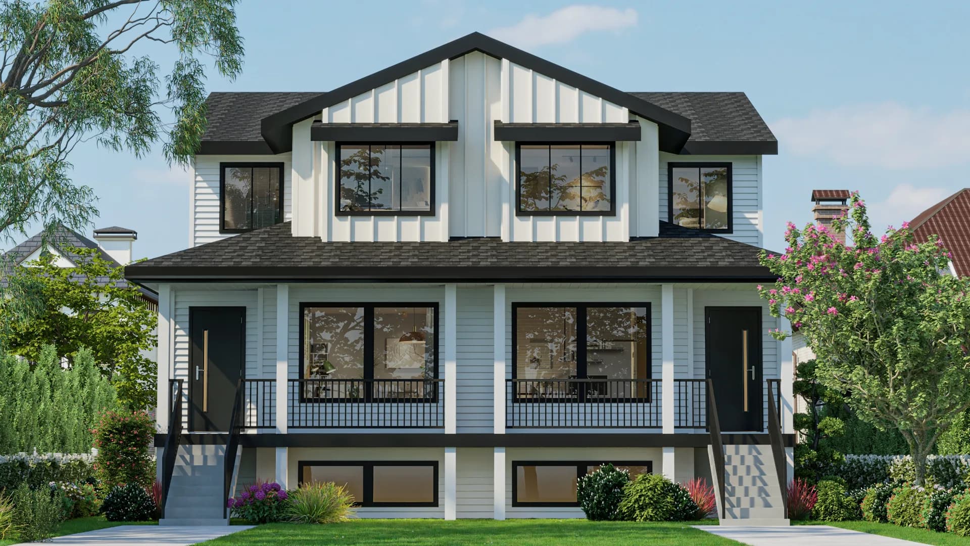 Central Lonsdale Duplex rendering, white board and batten duplex with black trim and twin covered porches