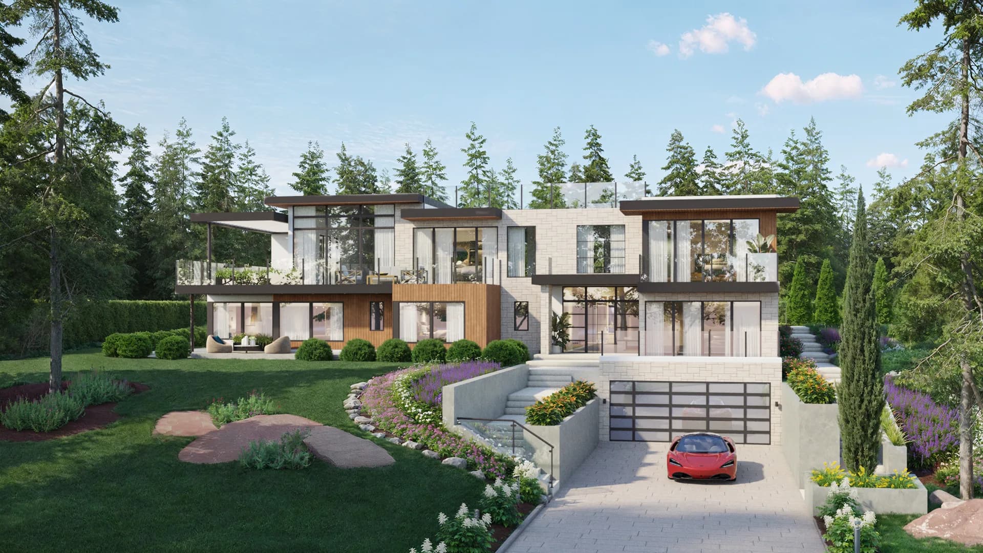 Deep Cove Custom Estate rendering, three level limestone and cedar home on a forested hillside with rooftop deck