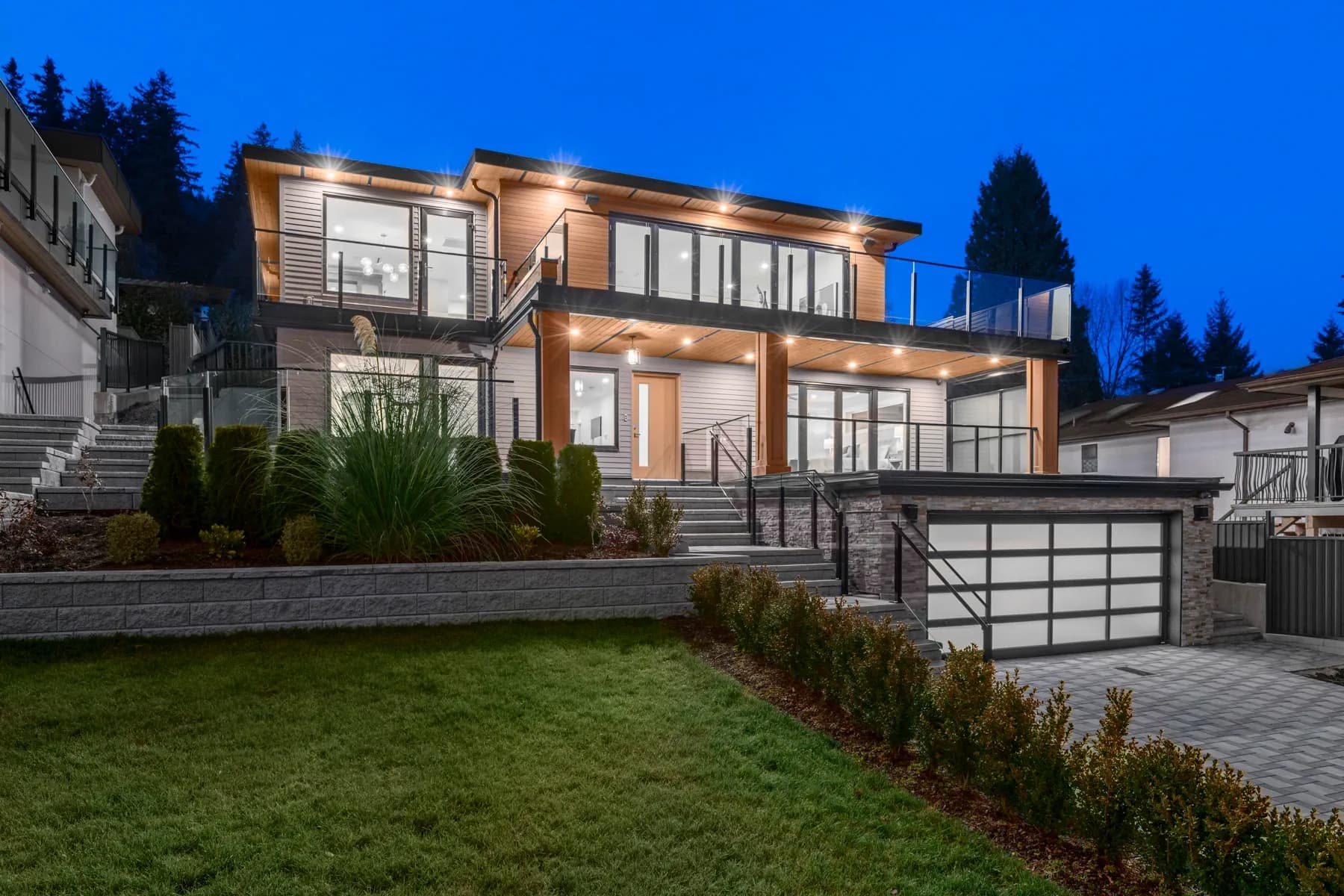 Lynn Valley modern custom home, twilight exterior