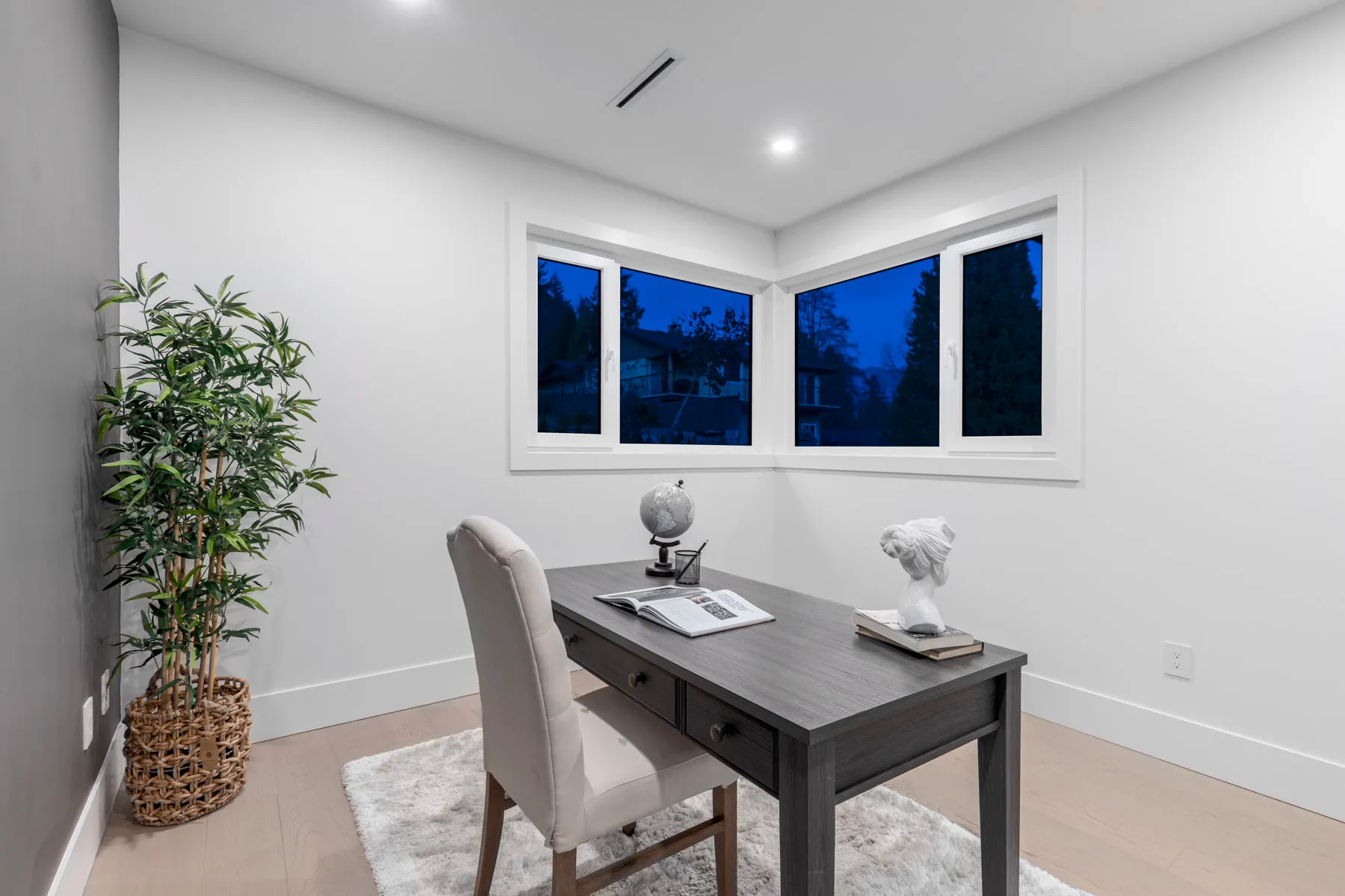 Lynn Valley modern custom home, twilight exterior, view 2