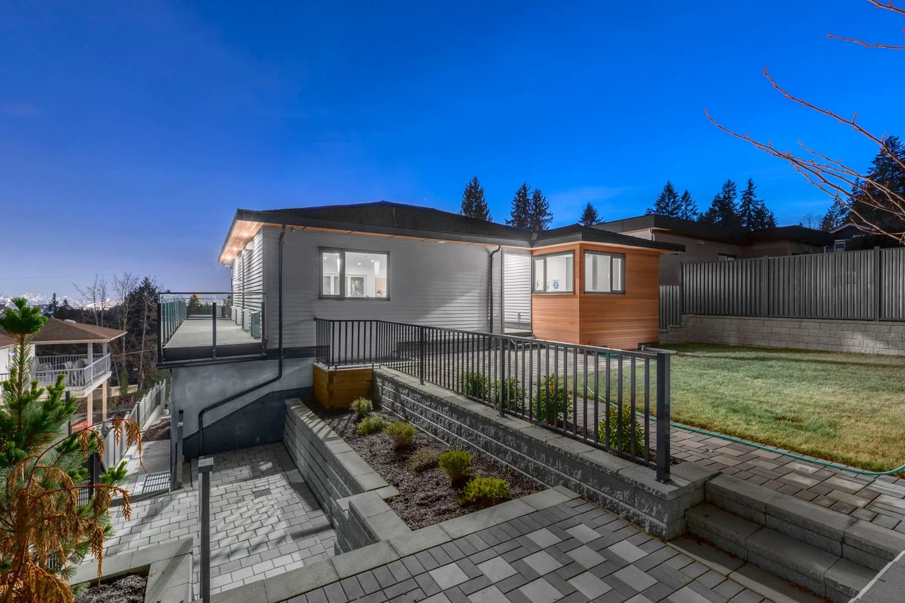 Lynn Valley modern custom home, twilight exterior, view 5