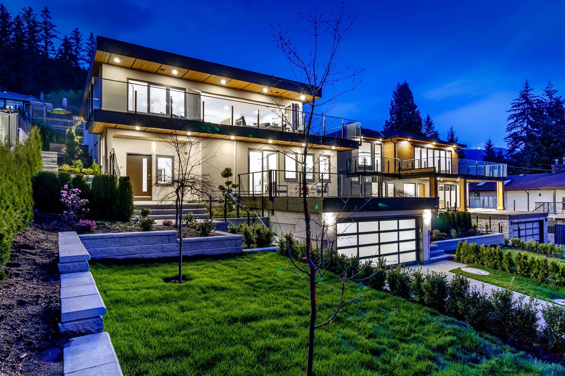 Lynn Valley three storey custom home, twilight front exterior