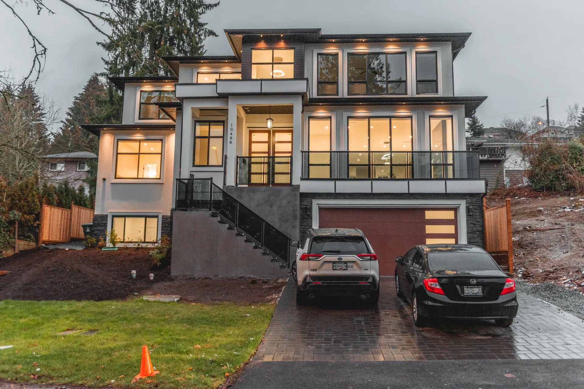 Surrey custom modern estate, twilight front exterior