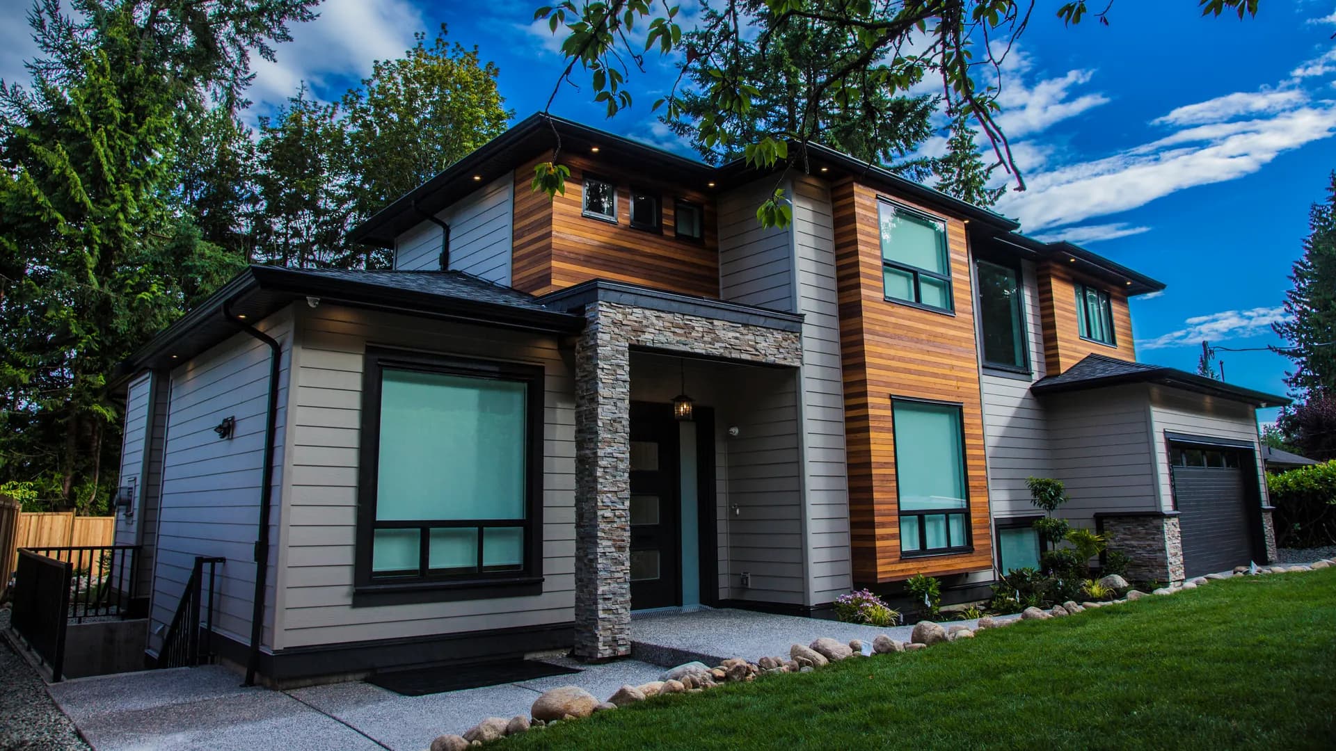Westlynn modern family residence in North Vancouver, daytime front exterior