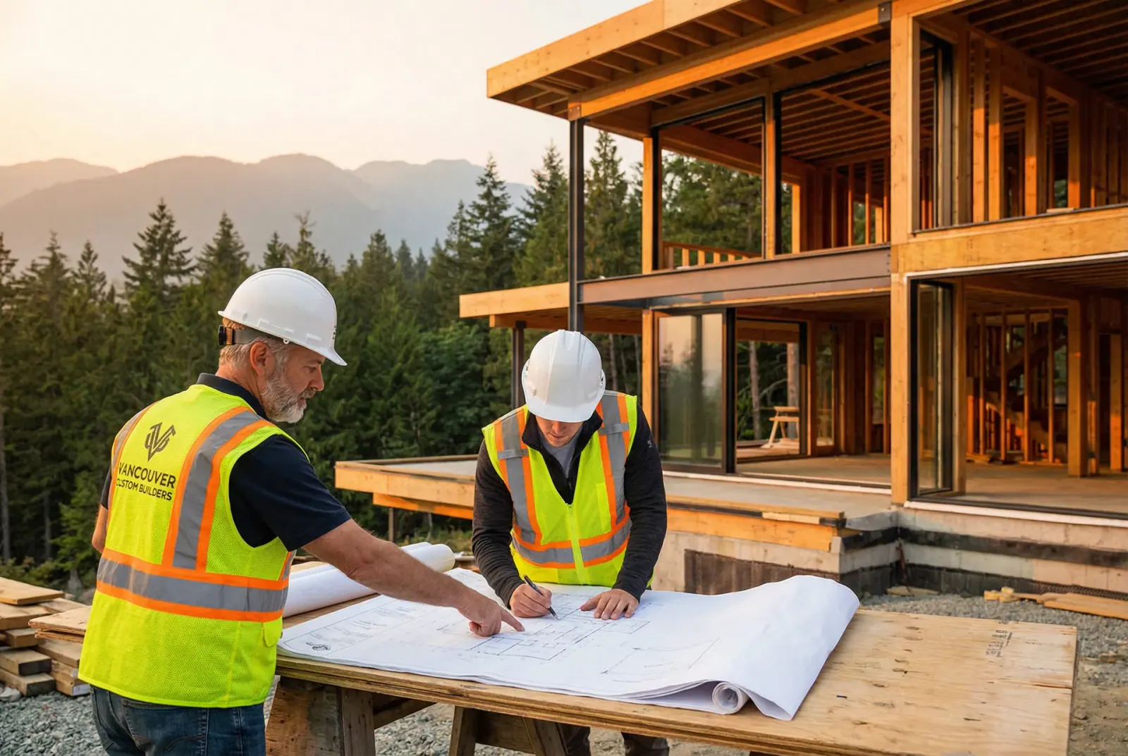 Major Homes construction team reviewing plans on a job site